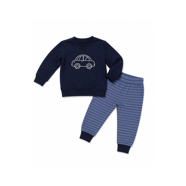 Kids Cotton Pyjama Set - 2 Piece Navy Car Print &amp; Striped Pants