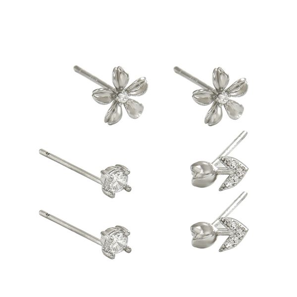 EH4593-5 Silver Flower with Zirconia for Multiple Piercings - 3 Pairs