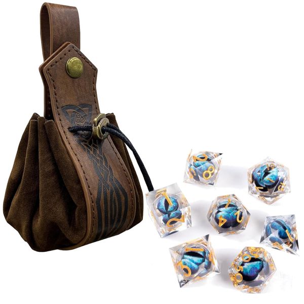 Dragon Eye DND Resin Liquid Core Dice Set w/ Medieval Viking Leather Pouch