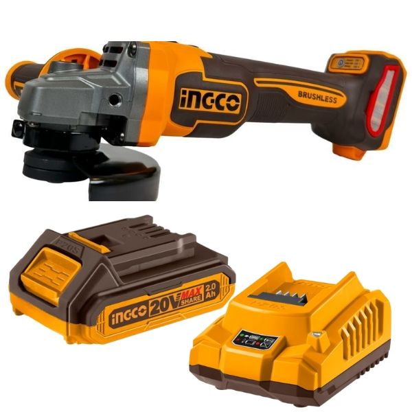 Ingco - Brushless Cordless Angle Grinder with 2.0Ah Battery and Charger