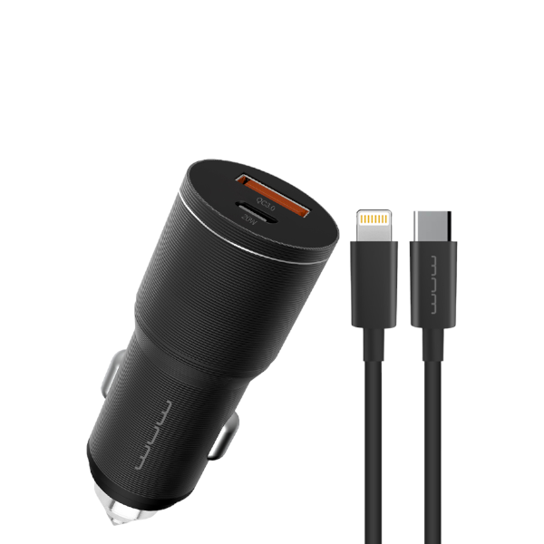 WUW - T76 - USB + Type-C Output Car Charger - with Type-C to iPhone Cable