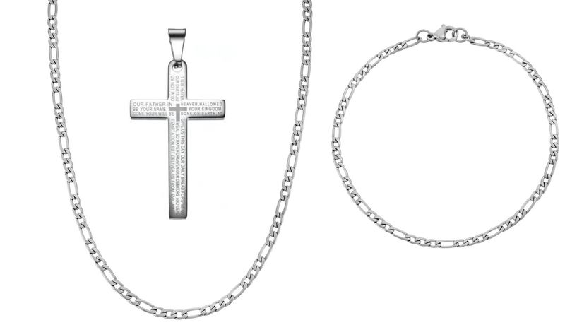Stainless steel Our Father cross on 3 mm x 60cm Chain and 20cm Bracelet