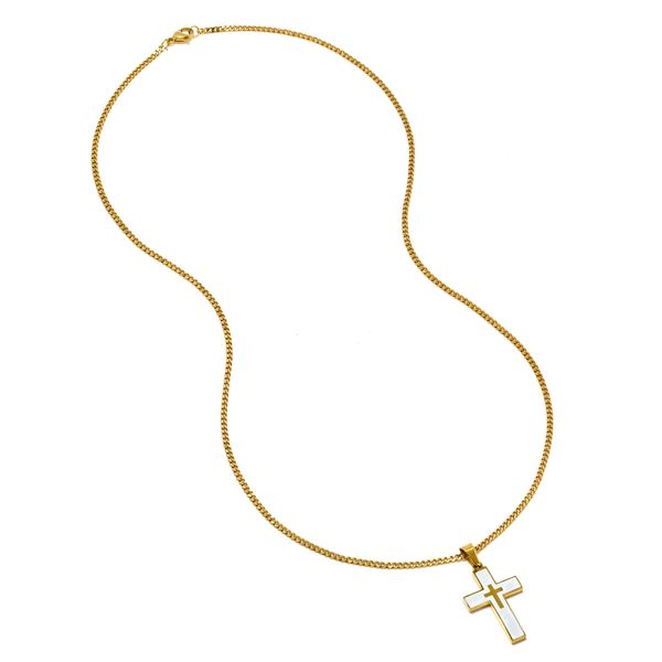 Steel My Heart Waterproof Stainless Steel Mother of Pearl Cross Necklace