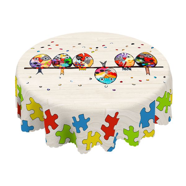 Colorful Puzzle &amp; Bird Tablecloth - Playful Design for Family Activities