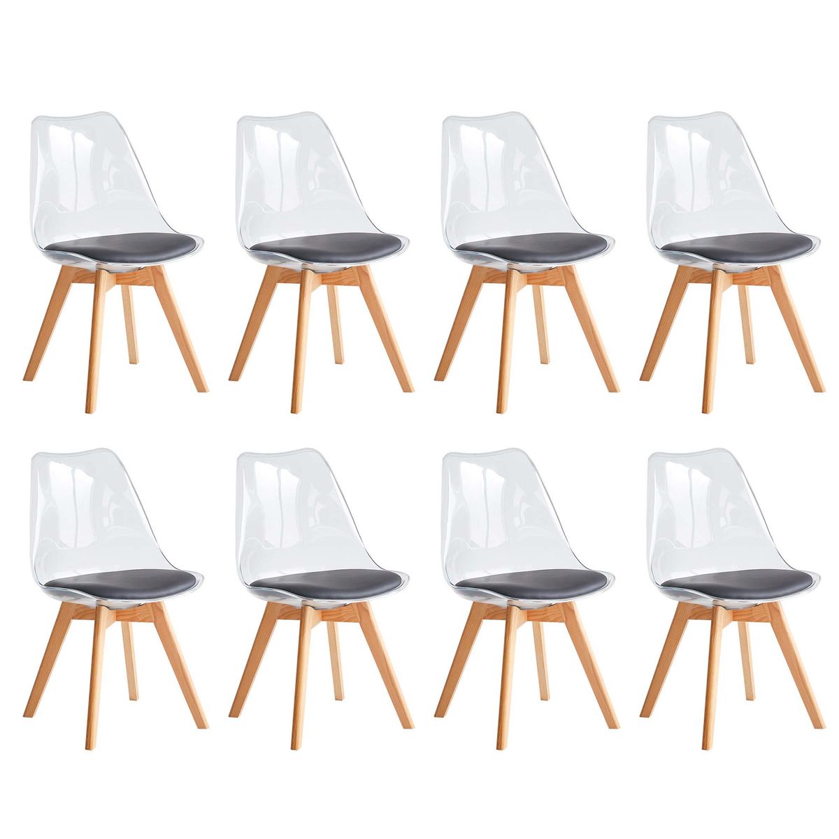 Pack of 8 Stylish Scandinavian Translucent Cushion Dining Chairs Set