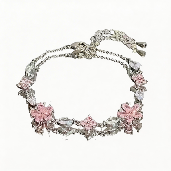 Zircon Cherry Blossom Bracelet Women Luxury Silver Tone Adjustable Bangle