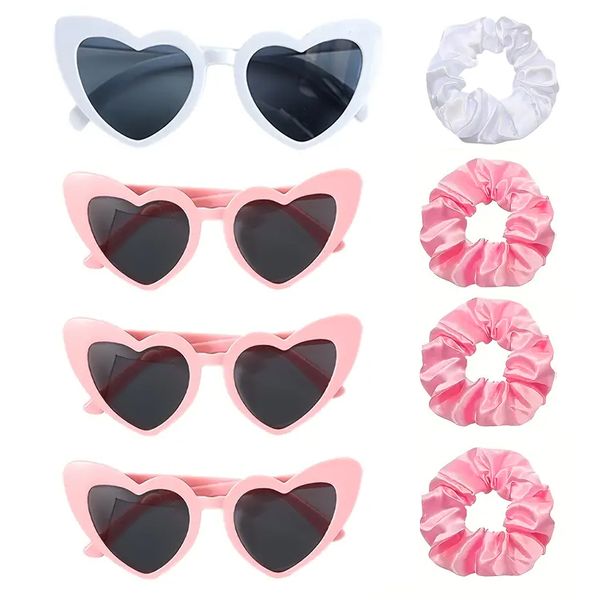 Pink Heart Shaped Sunglasses and Scrunchie Set - Set of 4
