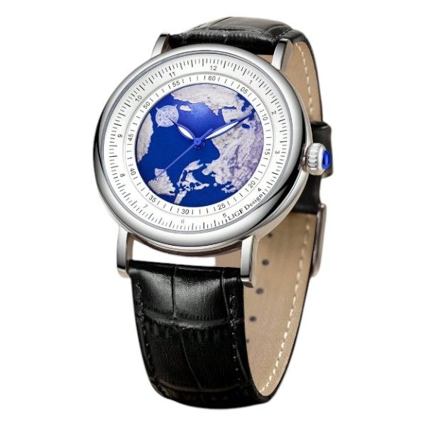 LIGE-Arabic Numeral Scale Mens' Quartz Watch With Globe Print Design-Black