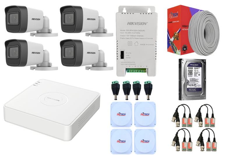 Hikvision 4CH CCTV Kit with 1TB HDD, ZATECH CAT5, Baluns &amp; Boxes