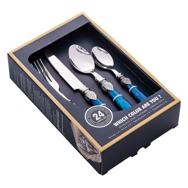 24 Piece Navy Blue Marble and Silver Cutlery Set.