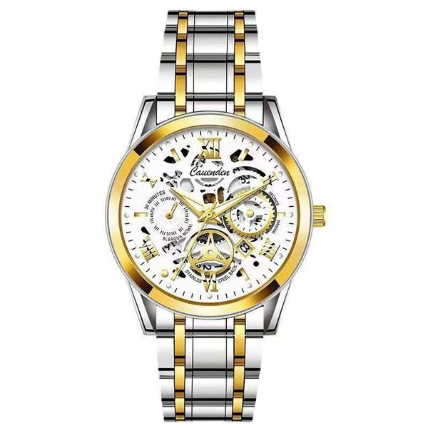 Stainless steel watch with luminous skeleton design men's quartz watch