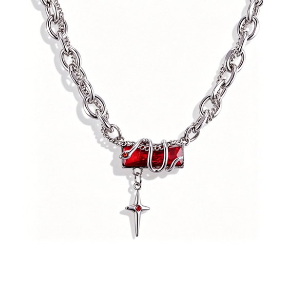 Red Stone With Star Titanium Steel Snake Necklace