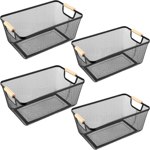 Metal Wire Basket with Wooden Handles - Set of 4