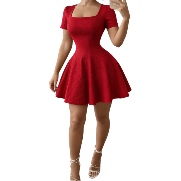 Missy Missi Ladies Short Sleeve Fit &amp; Flare Dress Square Neckline