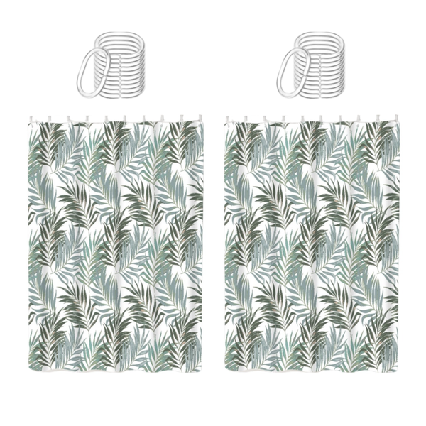 2 Pack Green Leaves Shower Curtain with Hooks - 180 x 180cm