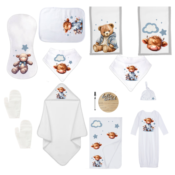 Baby Shower Full Gift Set-Burp cloths, Hooded Towel - Highland Cow Boy