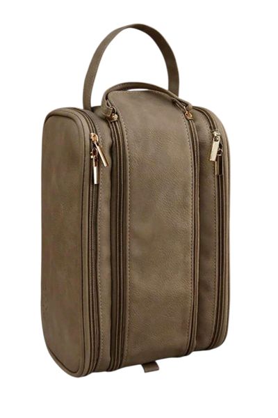 Double-Layer Large Capacity Travel Makeup Bag - Waterproof Camel PU Leather