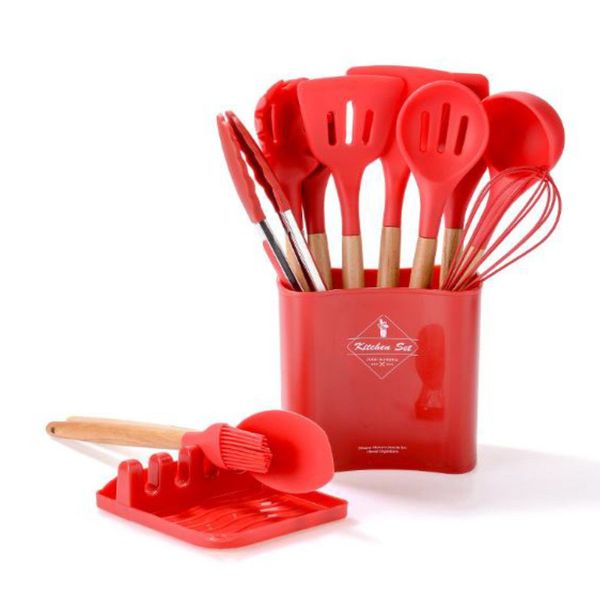 Kitchen Utensils 13 Piece Silicone with Holder Red - Kitchen Essentials