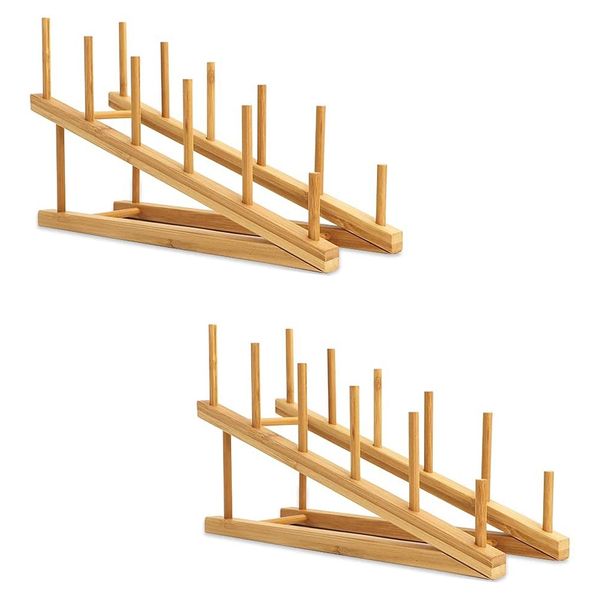 2 PCS Wooden Dish Rack Bamboo Plate Rack Stand Pot Lid Holder, Dish Drying