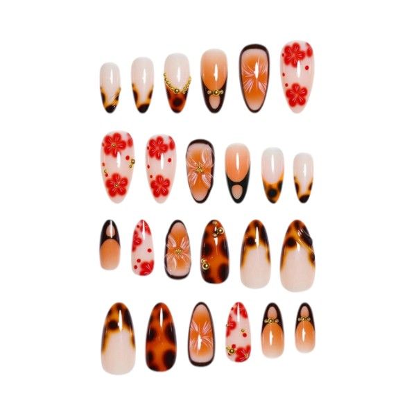 24 Textured Long Stiletto Press On Nails With Flower &amp; Gold Destails - Red