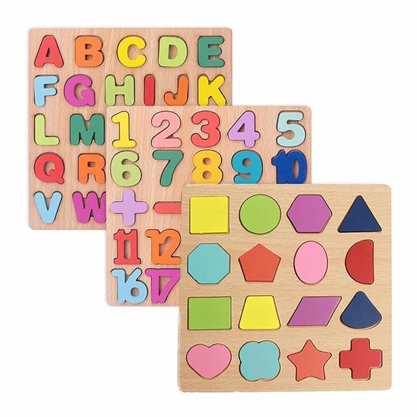 3Pcs Wooden Puzzles for Toddlers, Alphabet Number Shape Puzzles