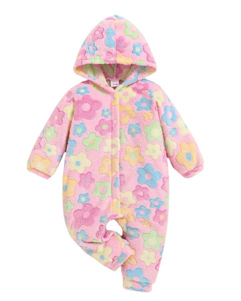 Baby Plush Hooded Romper - Pink Flower - Grower - Onesie
