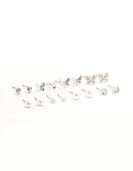 Lovisa Silver Pearl Diamante Butterfly Earrings 8-Pack
