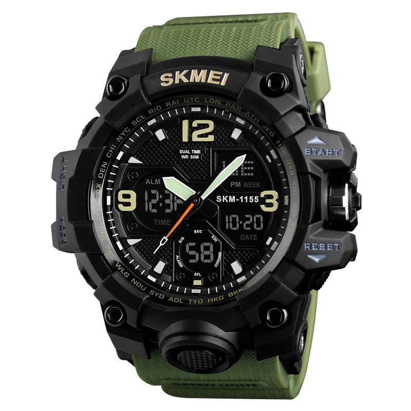 Mens Military Waterproof Dual Time Watch Alarm Stopwatch Army Green