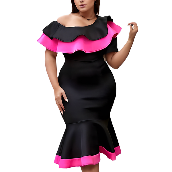 Women's Evening Party Dress with Pink Ruffles One Shoulder Plus Size Dress