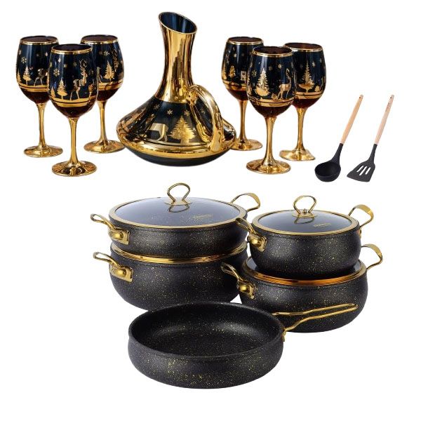 Black-Gold Aluminum Non-Stick 11 Pot + 7 Piece Wine Glass
