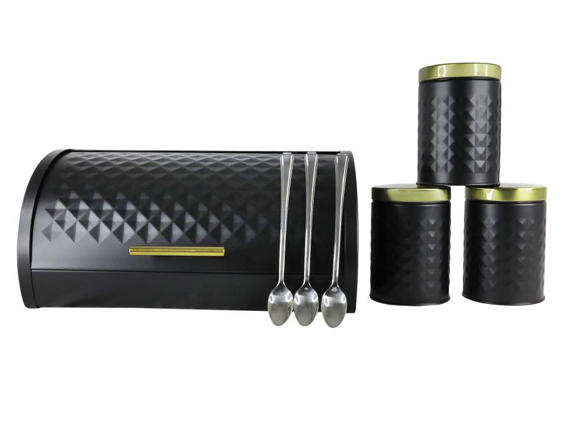Dense Stainless Steel Double Loaf Bread Bin Canister and Spoons - 7 Piece Set