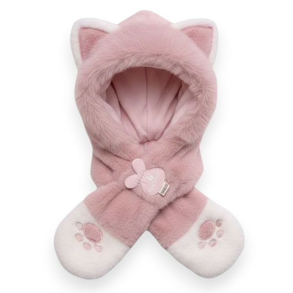 KittySnuggle Cat Hat Plush Ear Kids Neck Warmer Winter Beanie Scarf Pink