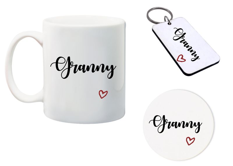 Granny Mug, Glass Coaster and Matching keyring gift Combo
