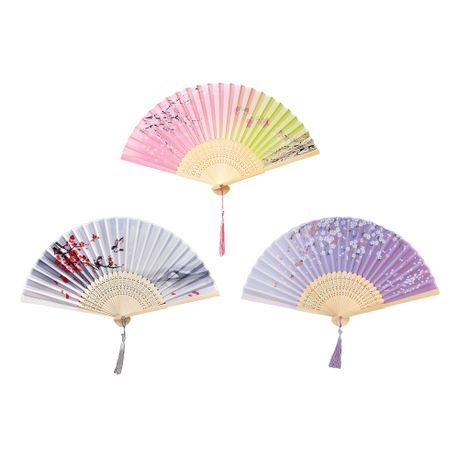 3 PCS Handheld Bamboo Fans Silk Folding Fans with Tassel Bamboo Frames