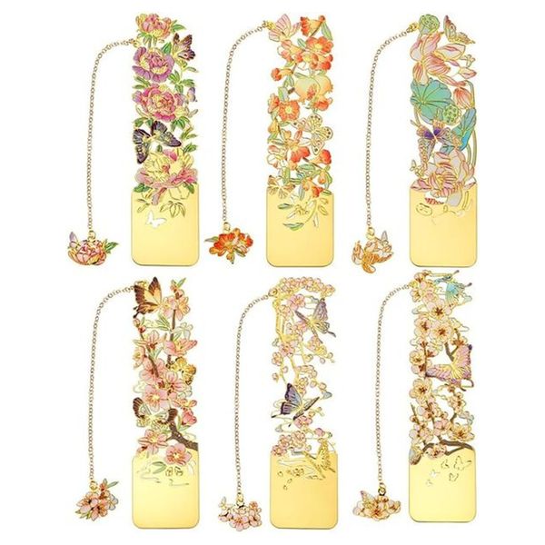 6 Pcs Metal Flower Bookmarks, Beautiful Floral Book Mark with Pendant Chain