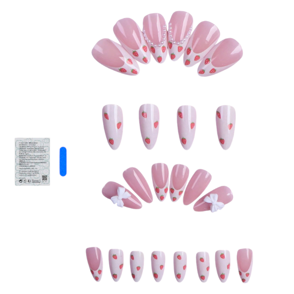 24 Pieces Strawberry &amp; Bow Accent Press-On Nail Set - Pink &amp; White