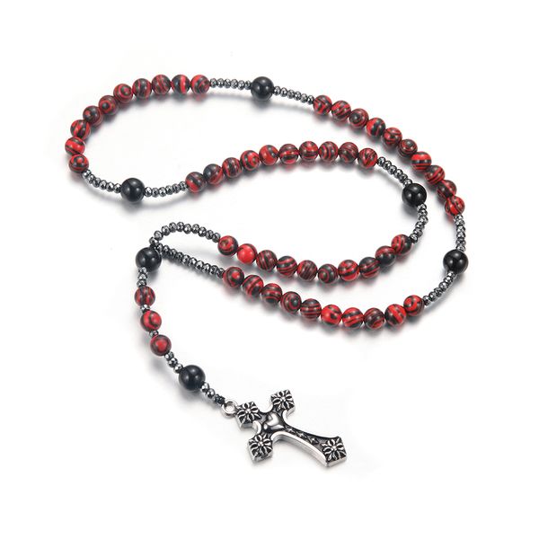 IPSTYLE Necklace Cross Pendant 8mm Red Stone Beaded for Men and Women