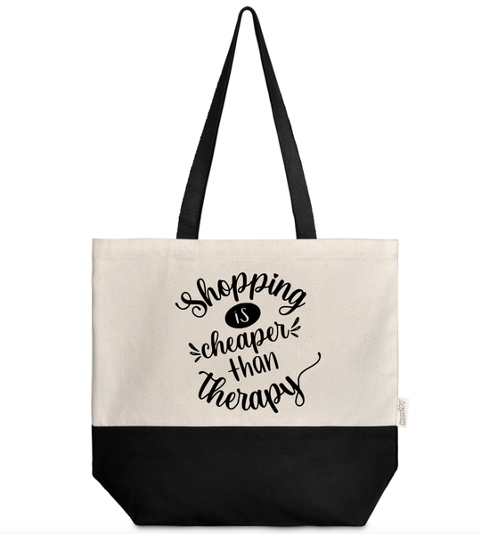 Natural/Black Cotton Shopping bag/tote - shopping is cheaper than therapy