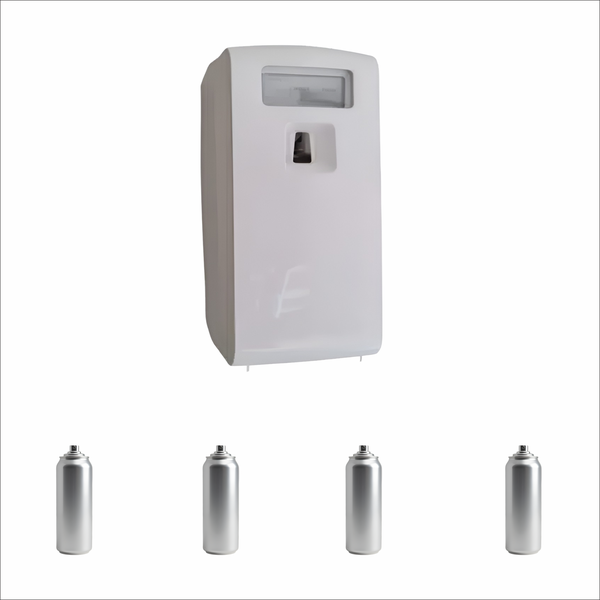 White Automatic Air Freshener with 4 x 100ml Lotus Aerosol Cans