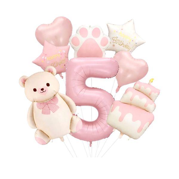8 Piece Pink Teddy Bear 5th Birthday Balloon Set - Balloons Decorations