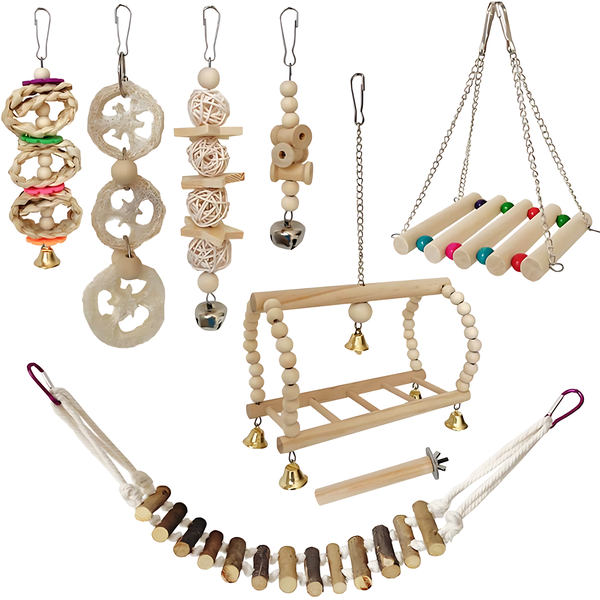 Parrot Toys Bird Toys Set - Wooden Hanging Ladder Swing Chew Toys for Birds