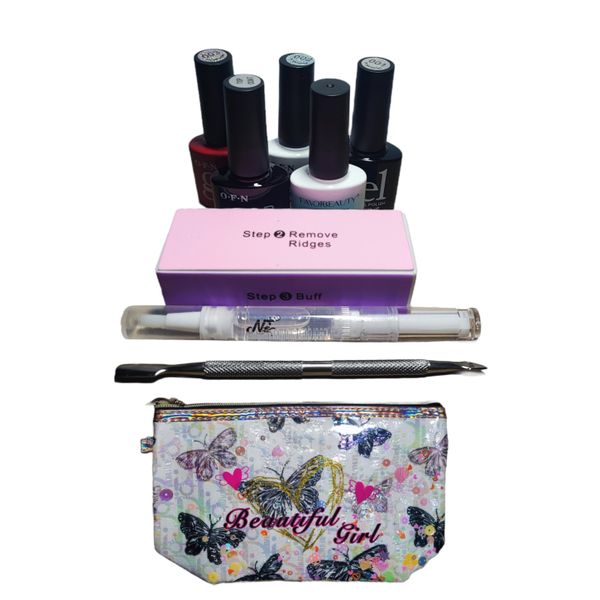 All in One Gel Nail Kit with Nail Buffer, Cuticle Oil and Cuticle Pusher