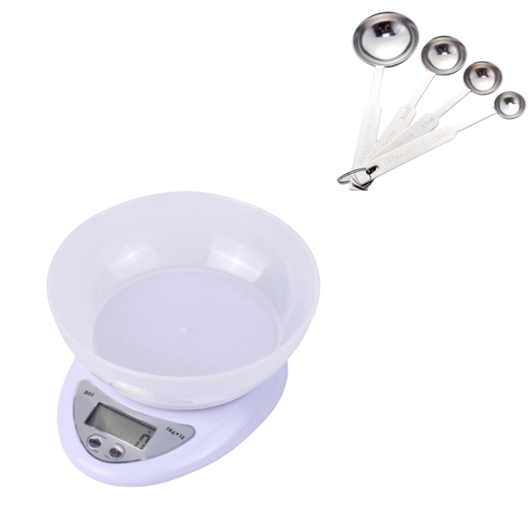 5kg Portable Digital Bowl Scale + 4 Piece Stainless Steel Measuring Spoons