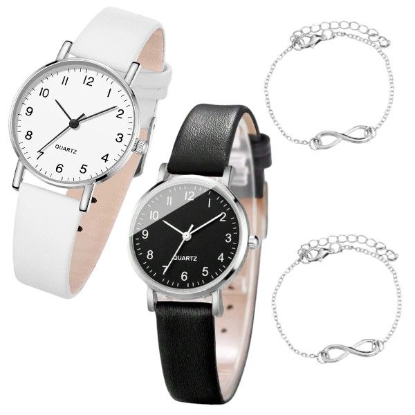 4 Piece - Elegant Quartz Watch &amp; Infinity Bracelet Set - White, Black