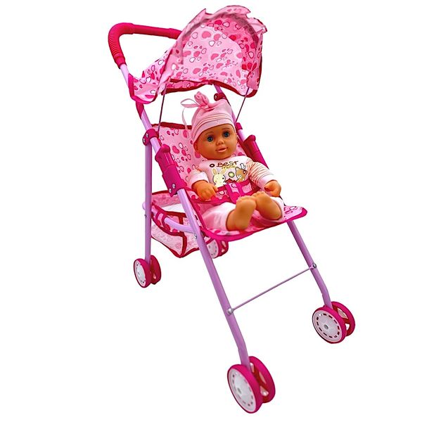 38cm Crying Baby Doll with Hooded Stroller/Prem with Belt &amp; Bottom Basket