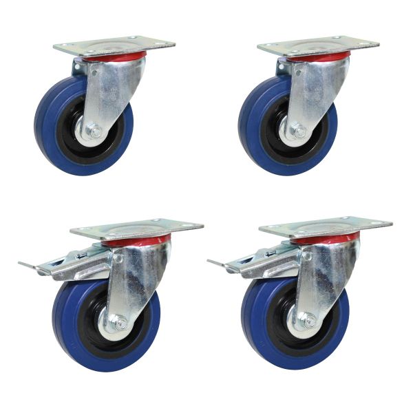 Blue Elastic Rubber Wheel Swivel Plate + Brake Castors 100mm