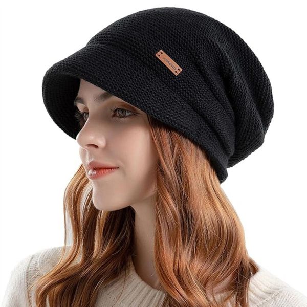 Womens Winter Beanie, Fleece Lining Warm Knitted Slouchy Hat Cap with Visor