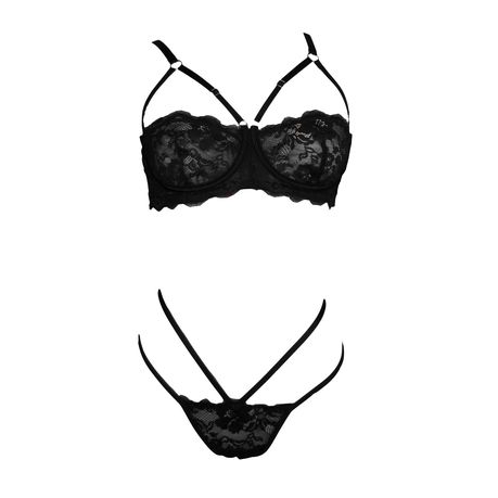 Womens Lace Bra Set, Adjustable Strap Black Lingerie Sleepwear