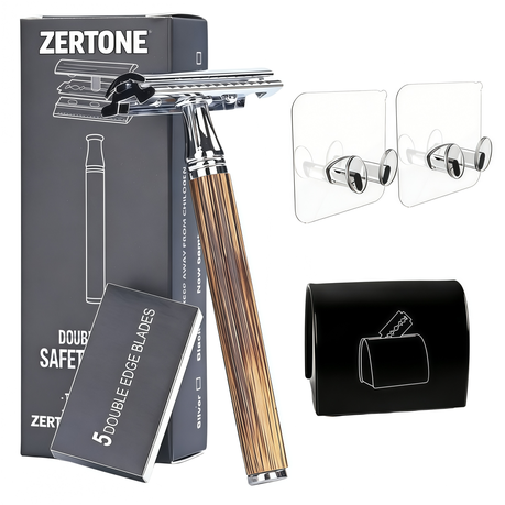 Bamboo Handle Safety Razor Set with 5 Blade, Recycling Tin and 2 Stands Image
