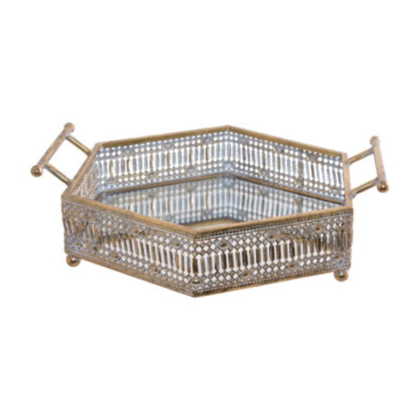 Vintage Look Hexagon Mirror Tray - 36x33cm